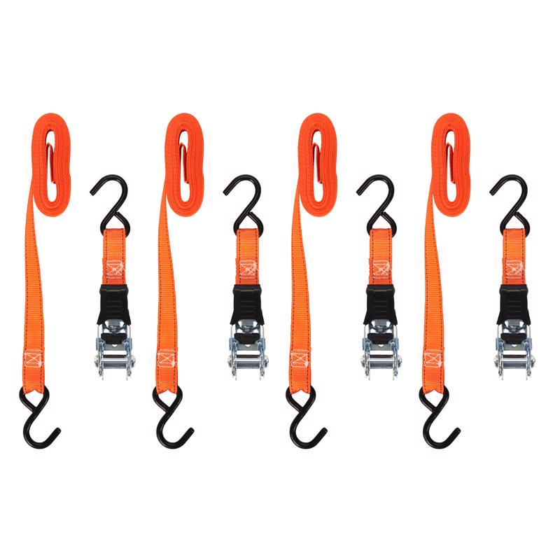 Keeper 1 in. W X 14 ft. L Orange High Tension Ratchet Tie Down 4-Pack shown unpackaged.
