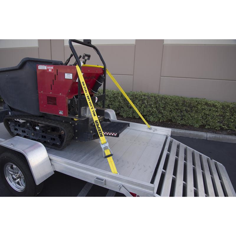 Keeper 2 in. W X 27 ft. L Heavy Duty Ratchet Strap Tie-Down shown being used to strap a snow blower to a trailer.