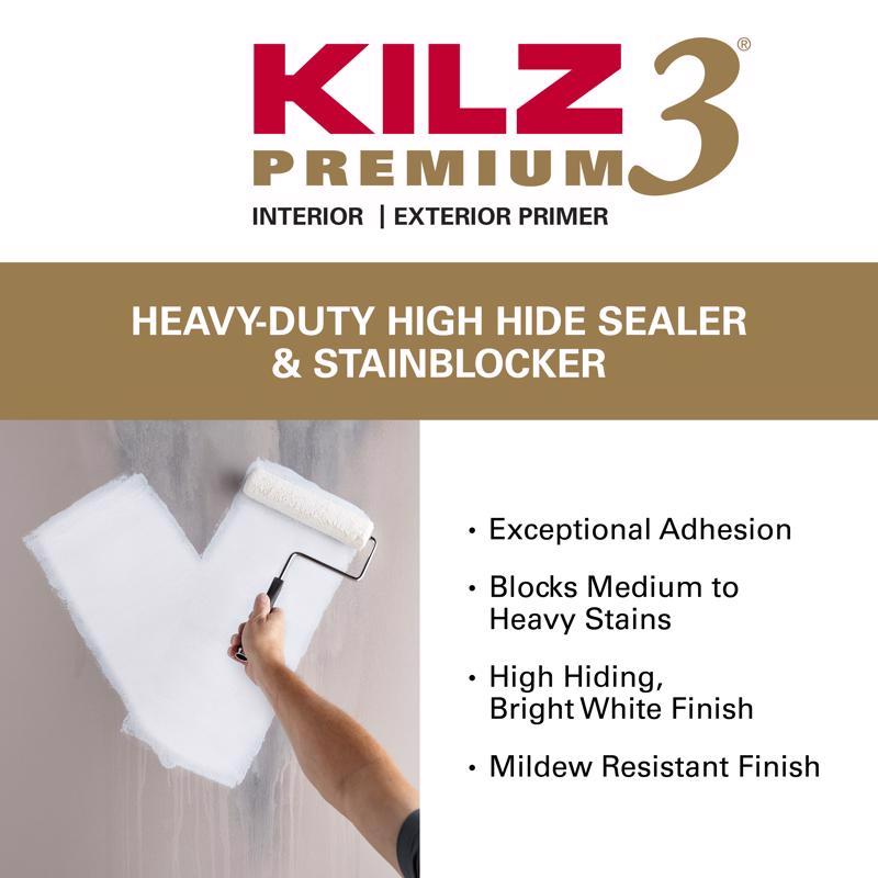 KILZ 3 primer advertisement with a roller applying primer to a wall.