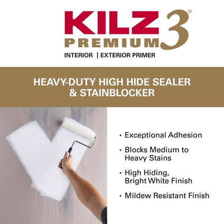 KILZ 3 primer advertisement with a roller applying primer to a wall.