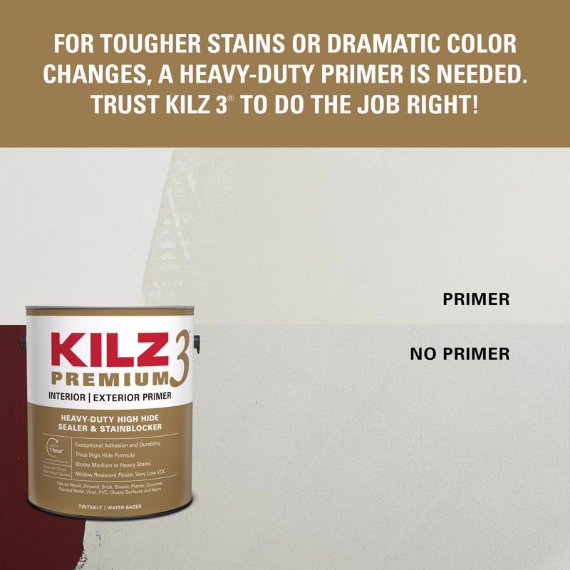 KILZ Premium 3 primer can with text about primer application on a wall.