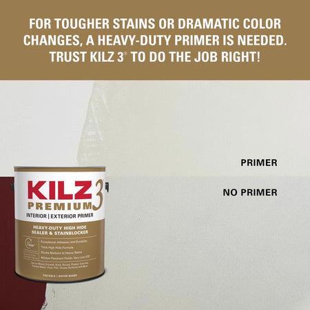 KILZ Premium 3 primer can with text about primer application on a wall.