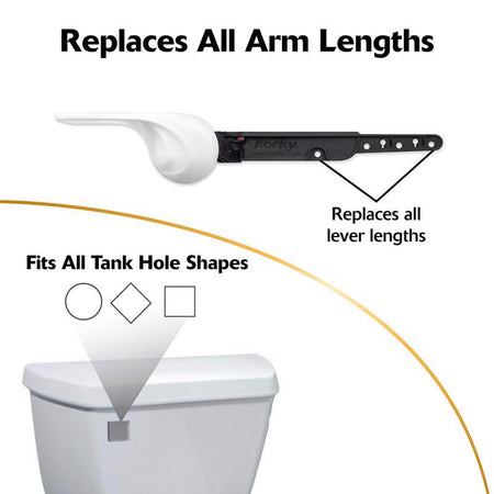 Korky StrongARM Handle & Lever, Classic White 6062BP arm lengths infographic
