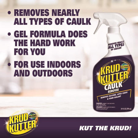 Krud Kutter caulk remover spray bottle with product features text on a blurred background