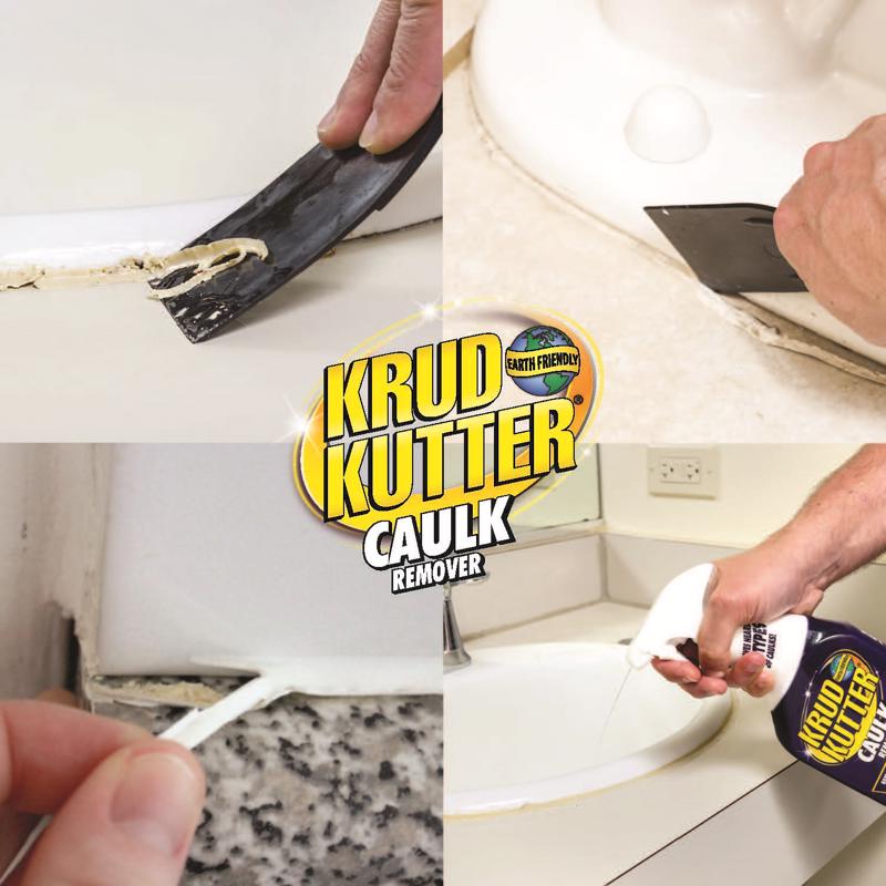 Collage of using Krud Kutter Caulk Remover with a scraper and bottle.