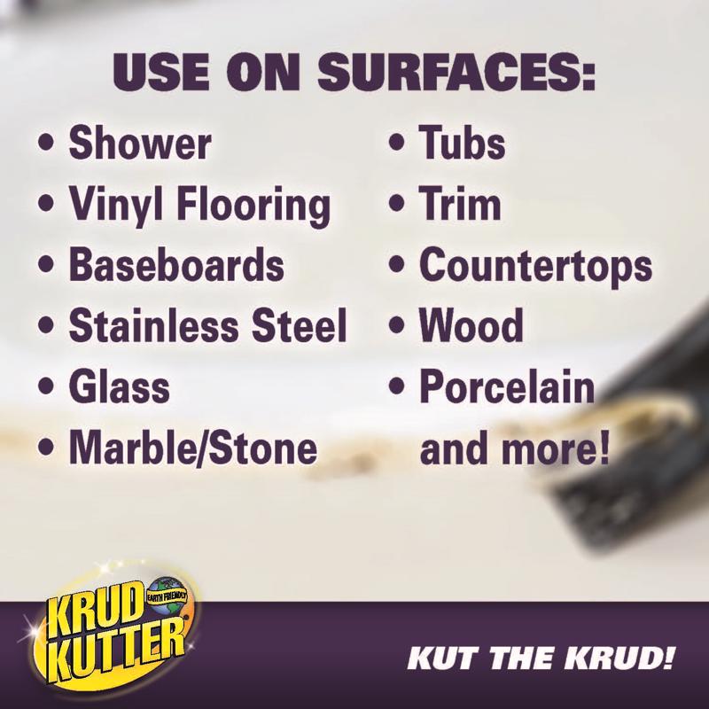 List of surfaces that can be cleaned with Krud Kutter cleaner, featuring a brush in the background.