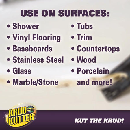 List of surfaces that can be cleaned with Krud Kutter cleaner, featuring a brush in the background.