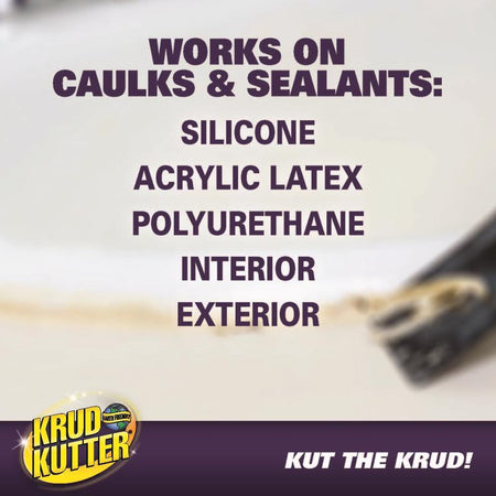 Advertisement for Krud Kutter silicone sealant with text on a white background