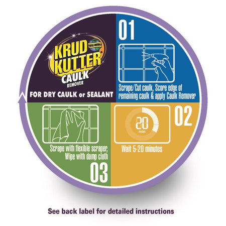 Krud Kutter Caulk Remover container with usage instructions for dry caulk on a white background