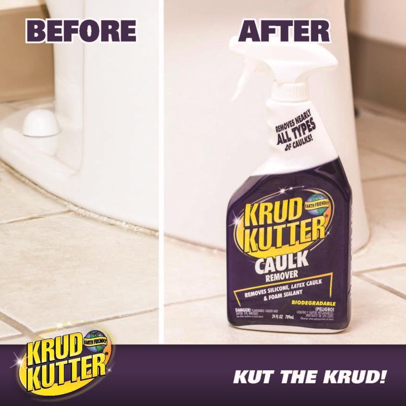 Before and after comparison of a tiled bathroom floor with Krud Kutter Caulk Remover.