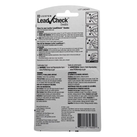 Luxfer LeadCheck swabs packaging with instructions and product details on a white background