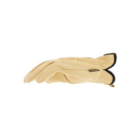 Side view of women's beige work glove on a white background