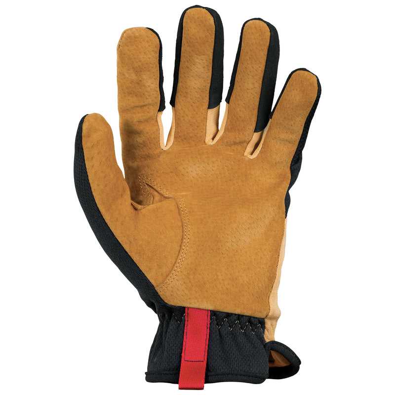 Brown leather work glove with black accents on a white background