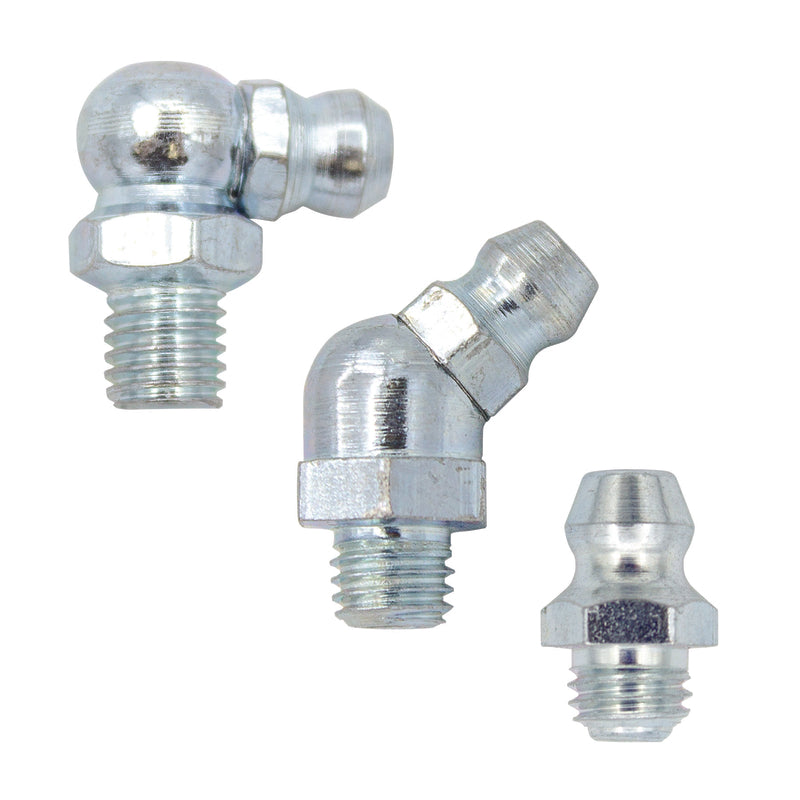 Three LubriMatic 45 degree/90 degree Grease Fittings on a white background