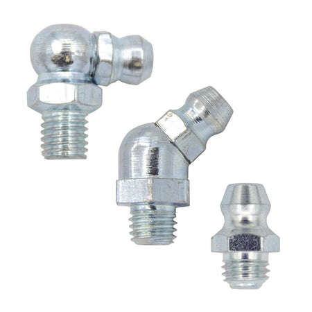 Three LubriMatic 45 degree/90 degree Grease Fittings on a white background