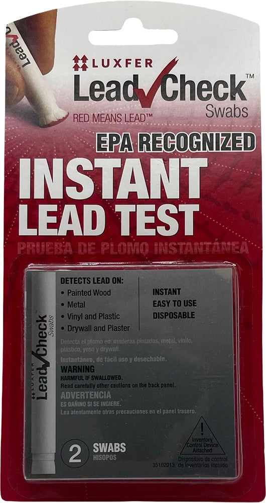 Luxfer LeadCheck instant lead test swabs packaging with red and gray design.