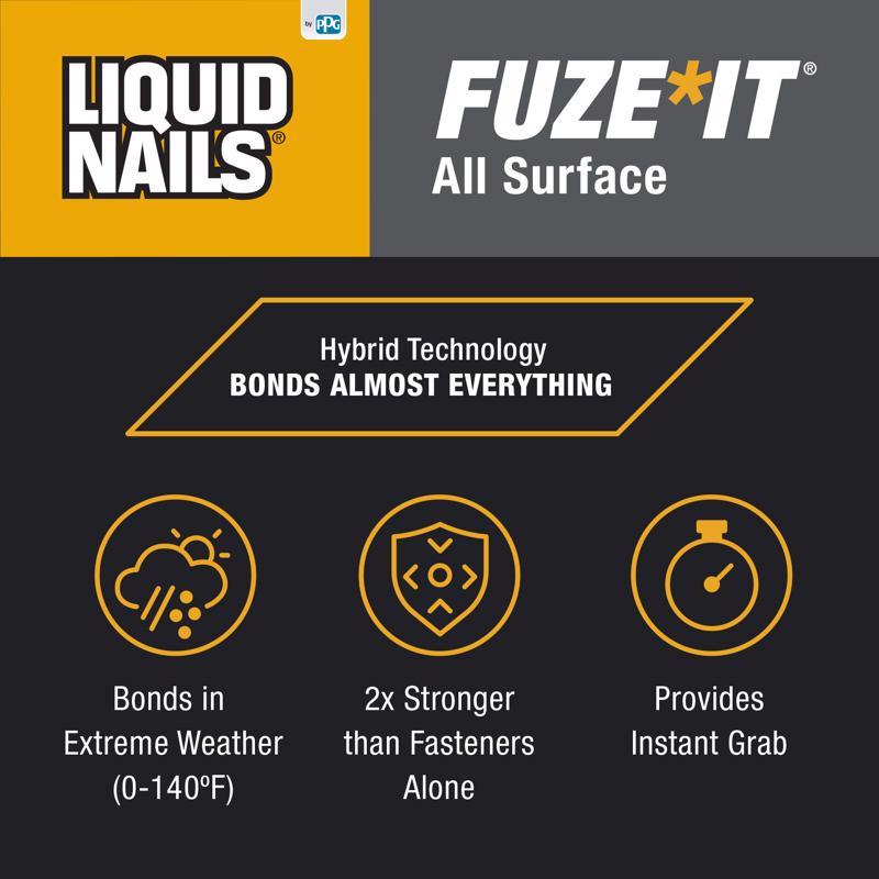 Liquid Nails Fuze It! 9oz All Surface Adhesive Product Highlight Infographic