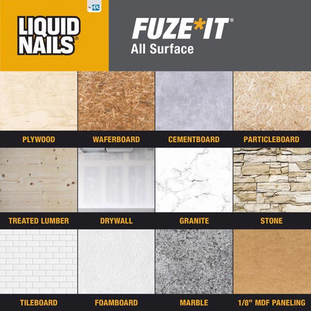 Liquid Nails Fuze It! 9oz All Surface Adhesive Surface Usage Chart