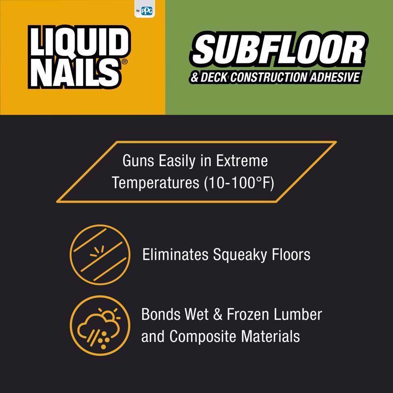 Liquid Nails 28 Oz Subfloor & Deck Construction Adhesive Product Highlights Infographic