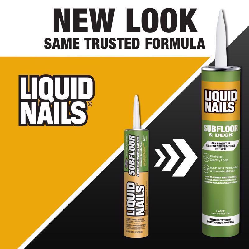 Liquid Nails 28 Oz Subfloor & Deck Construction Adhesive Before and After Product Labeling