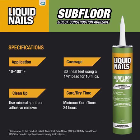 Liquid Nails 28 Oz Subfloor & Deck Construction Adhesive Specifications Infographic