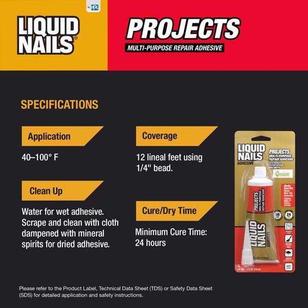 Liquid Nails Small Projects Repair Adhesive Specifications Infographic