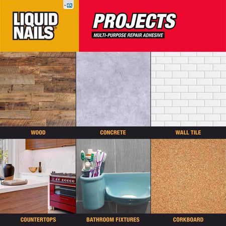 Liquid Nails Small Projects Repair Adhesive Where to Use Infographic