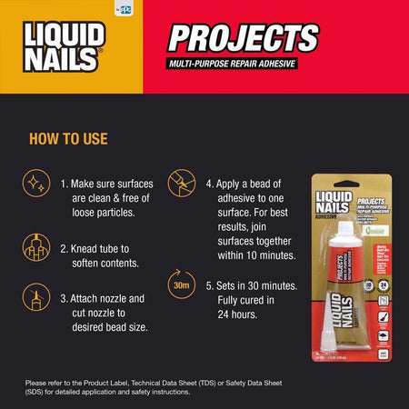 Liquid Nails Small Projects Repair Adhesive How to Use Infographic