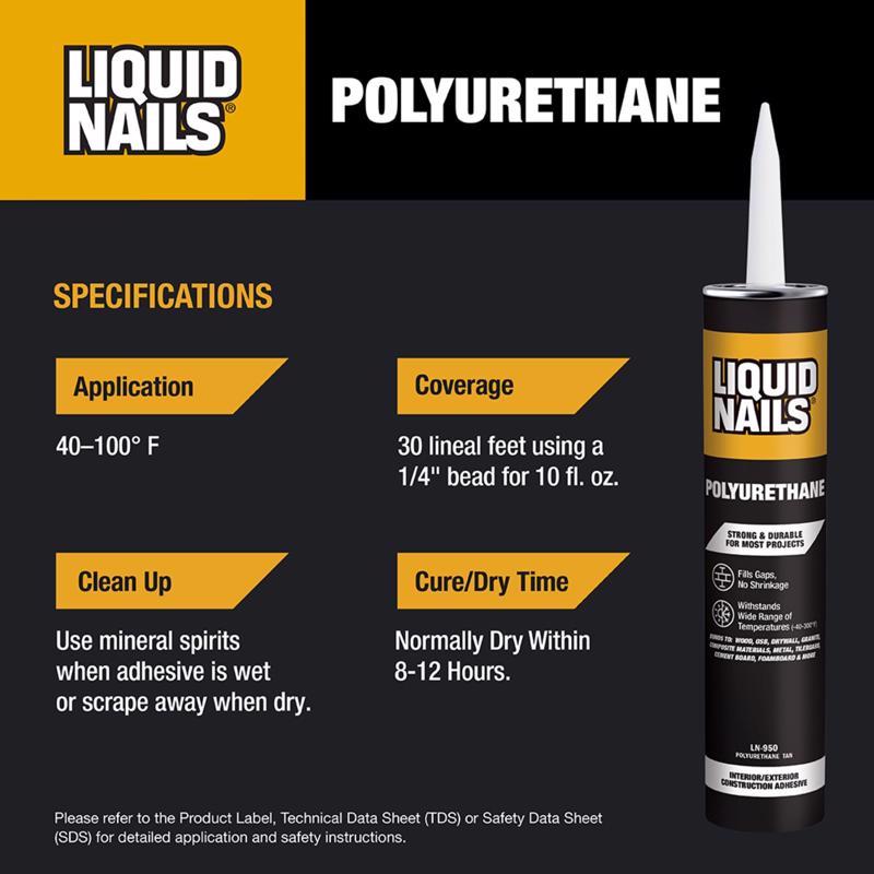Liquid Nails 10 Oz Ultra Duty Poly LN-950 Specifications Infographic