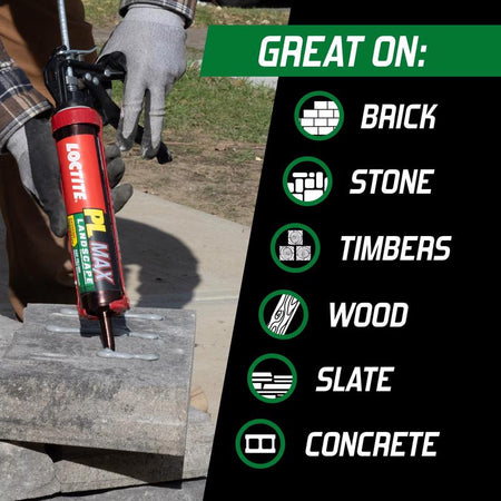 Person applying sealant to a stone surface with a list of materials it's effective on.