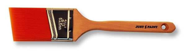 A close-up image of the Proform Just Paint PBT Angled Cut Standard Handle Brush showcases its angled cut design, lotus wood handle, and tin ferrule. 
