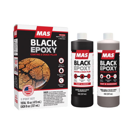 MAS Black Epoxy packaging and bottles on a white background