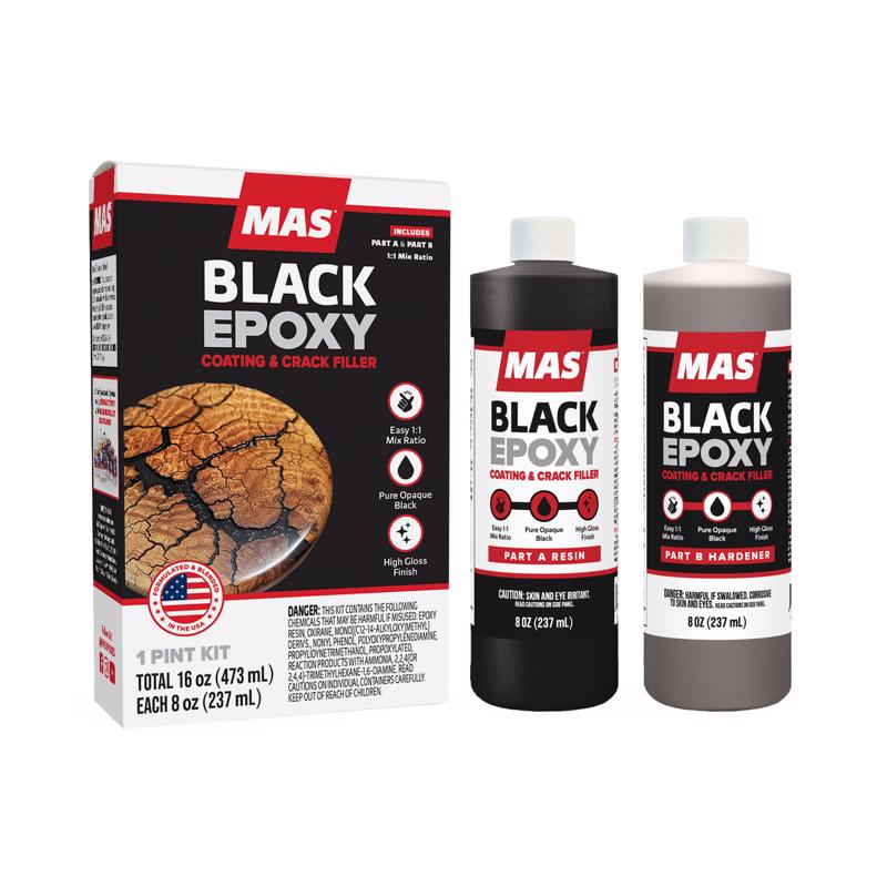 MAS Black Epoxy packaging and bottles on a white background