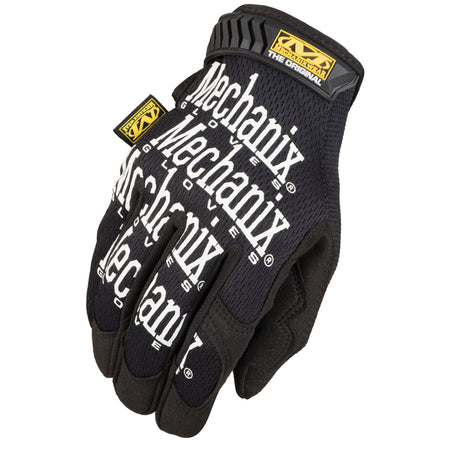 Pair of black Mechanix gloves on a white background