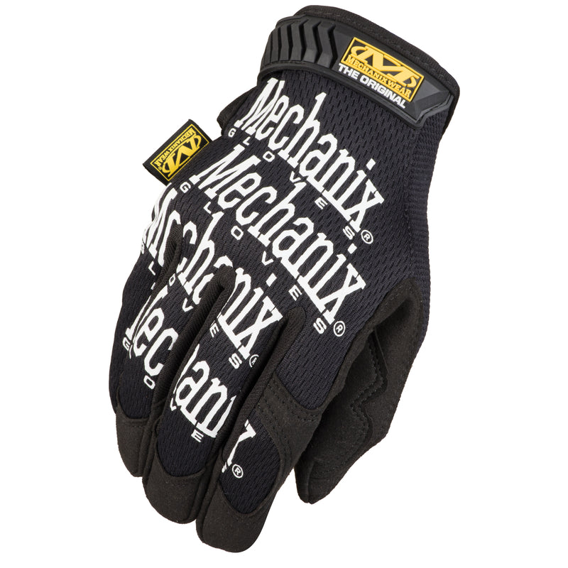 Pair of black Mechanix gloves on a white background