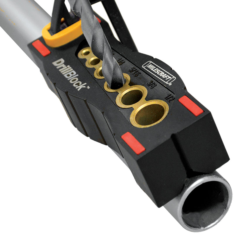 Milescraft DrillBlock Drill Guide 1312 being used on a pipe