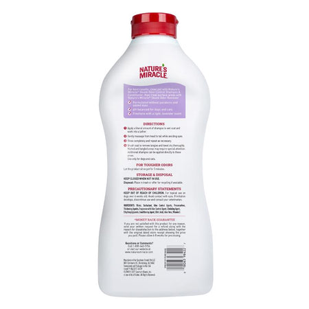 Nature's Miracle Lavender Scent Skunk Odor Control Shampoo label on back of bottle.
