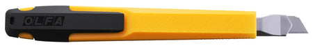 Back of the OLFA 9mm A-1 Auto-Lock Precision Utility Knife with yellow blade and black handle on a white background