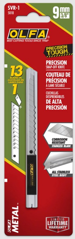 OLFA 9mm SVR-1 Stainless Steel Slide-Lock Knife with packaging on a white background