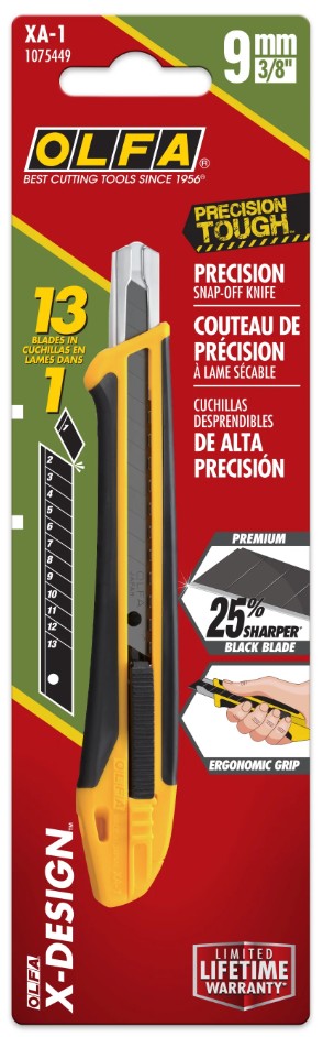 OLFA 9mm XA-1 Fiberglass Precision Knife with packaging featuring red, yellow, and black colors.