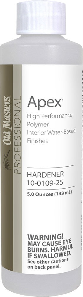 Bottle of Apex high performance polymer hardener with label on a white background