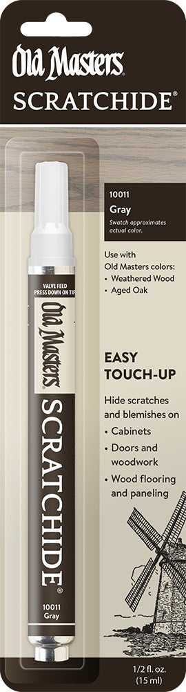 Old Masters Scratchide Gray touch-up pen packaging with a gray marker on a black background