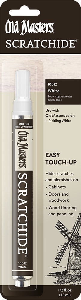 Old Masters Scratchide White touch-up pen packaging with white marker on a black background