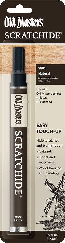 Old Masters Scratchhide Natural touch-up pen packaging with black pen and brown label.