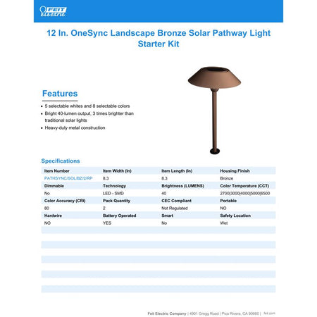Feit OneSync Bronze Solar Powered 40 W LED Pathway Light 2-Pack PATHSYNC-4