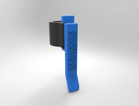 A 3D-printed monkey ring with a bright blue main body, featuring the embossed text 'MONKEY RUNG PRODUCTS' and a black inner band, shown on a neutral gray background.
