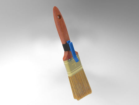 A paint brush with a reddish-brown wooden handle, natural straw bristles, a black and gold metal ferrule, and a blue plastic clip, shown against a gray gradient background.