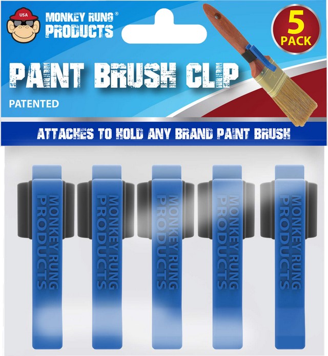 A 5-pack of Monkey Runs Paint Brush Clips in blue, packaged on a retail card with a paintbrush illustration and a '5 PACK' badge.