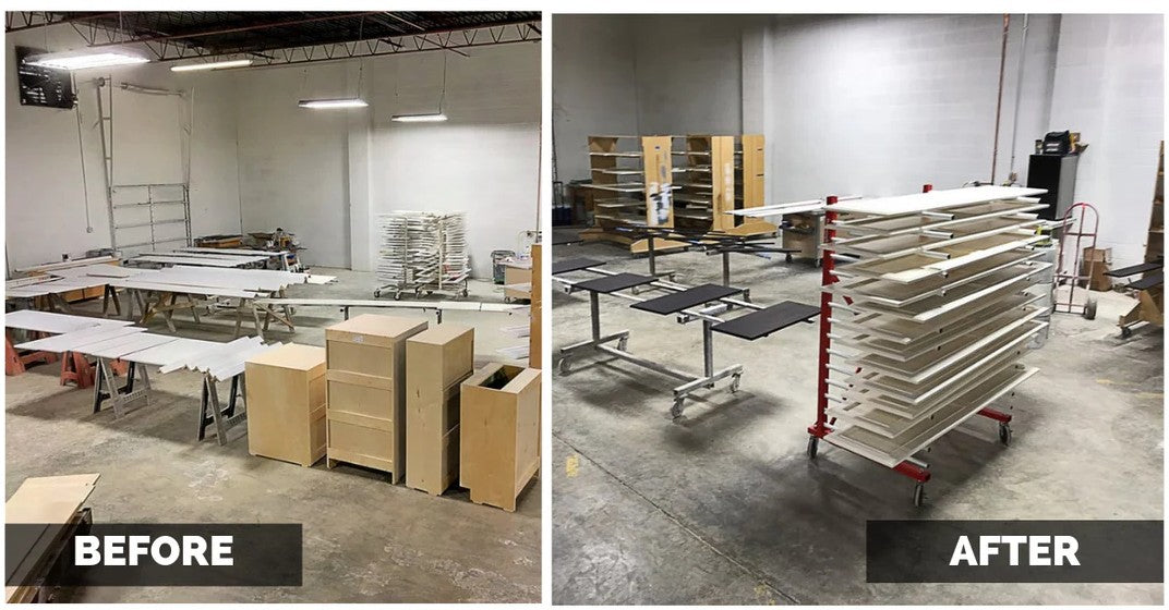Before and after comparison of a warehouse layout using the PaintLine PDREX Pro Drying Rack.