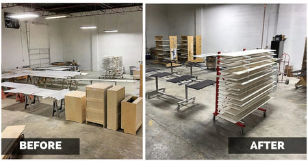 Before and after comparison of a warehouse layout using the PaintLine PDREX Pro Drying Rack.
